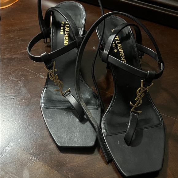Saint Laurent Shoes - Saint Laurent Black Heeled Sandals with Gold Logo